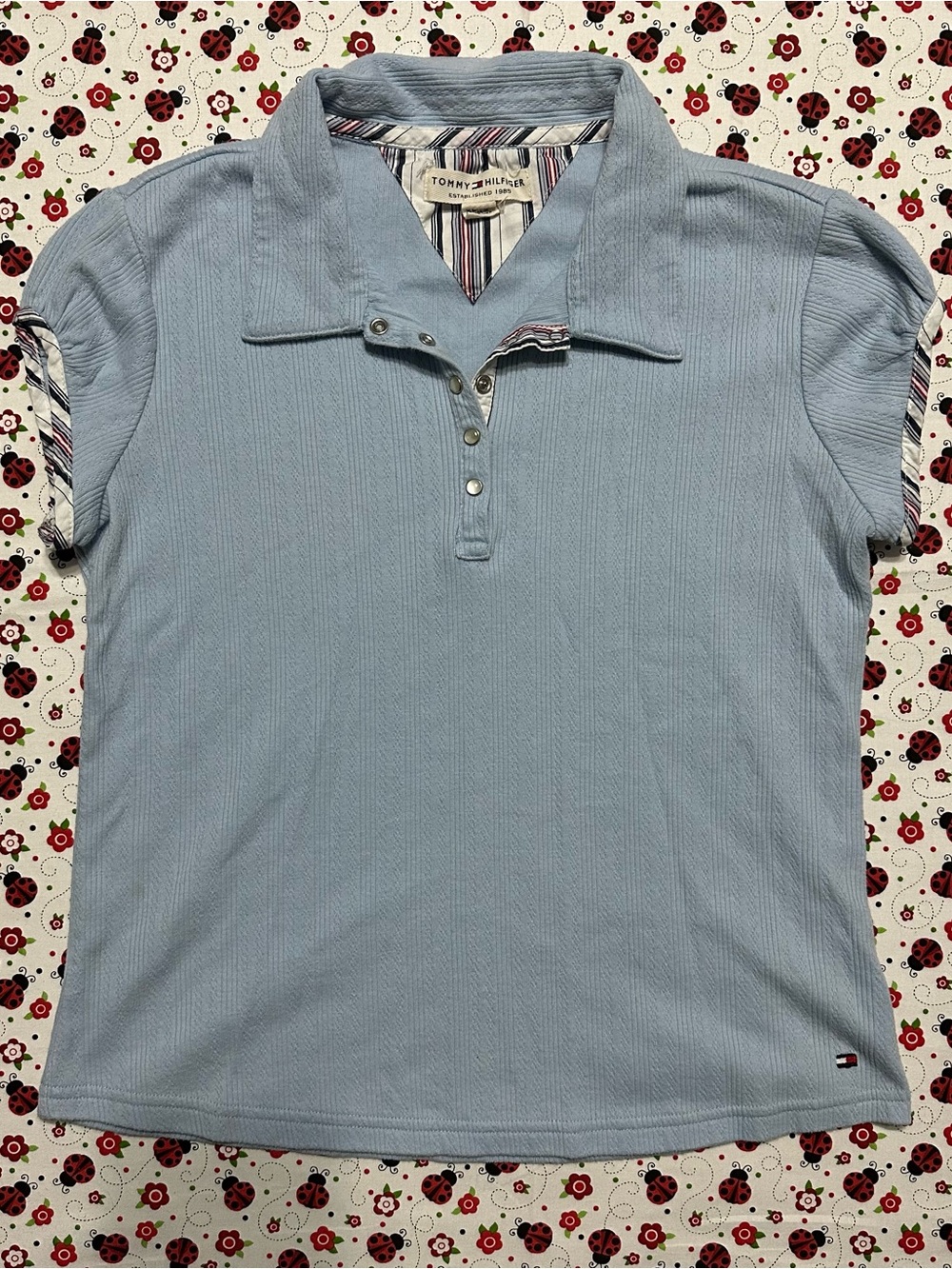 Vintage Tommy Hilfiger Baby Blue Ribbed Knit Polo Shirt Women’s XL